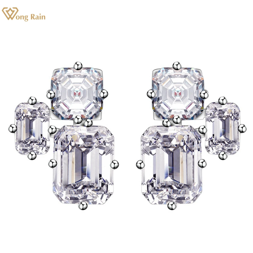 

Wong Rain 925 Sterling Silver Asscher/Emerald Cut High Carbon Diamond Gemstone 18K Gold Plated Earrings Studs Party Fine Jewelry