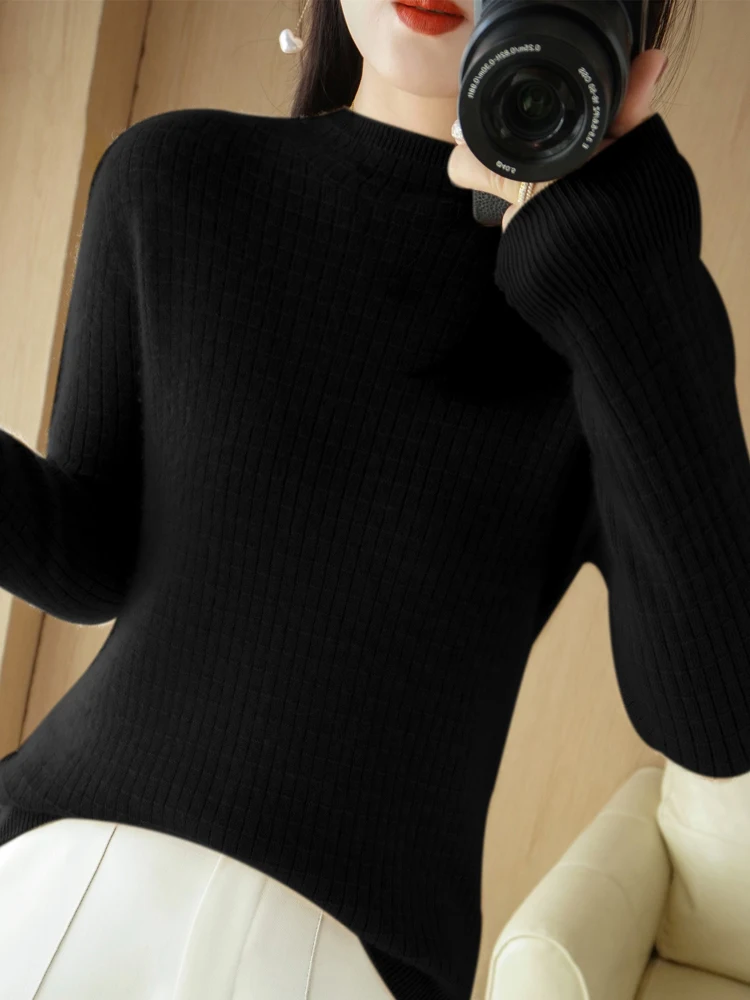 Women Basic 100% Merino Wool Sweater Mock Neck Pullover Long Sleeve Autumn Winter Solid  Cashmere Knitted Female Clothing