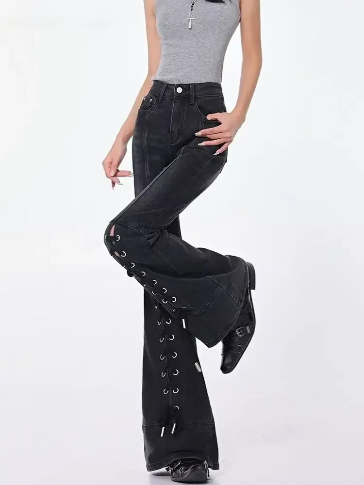 High Street Lace Up Gothic Schwarz Flare Jeans Frauen Y2k Goth Slim Fit Vintage Denim Hosen Streetwear Y2k Casual Hosen