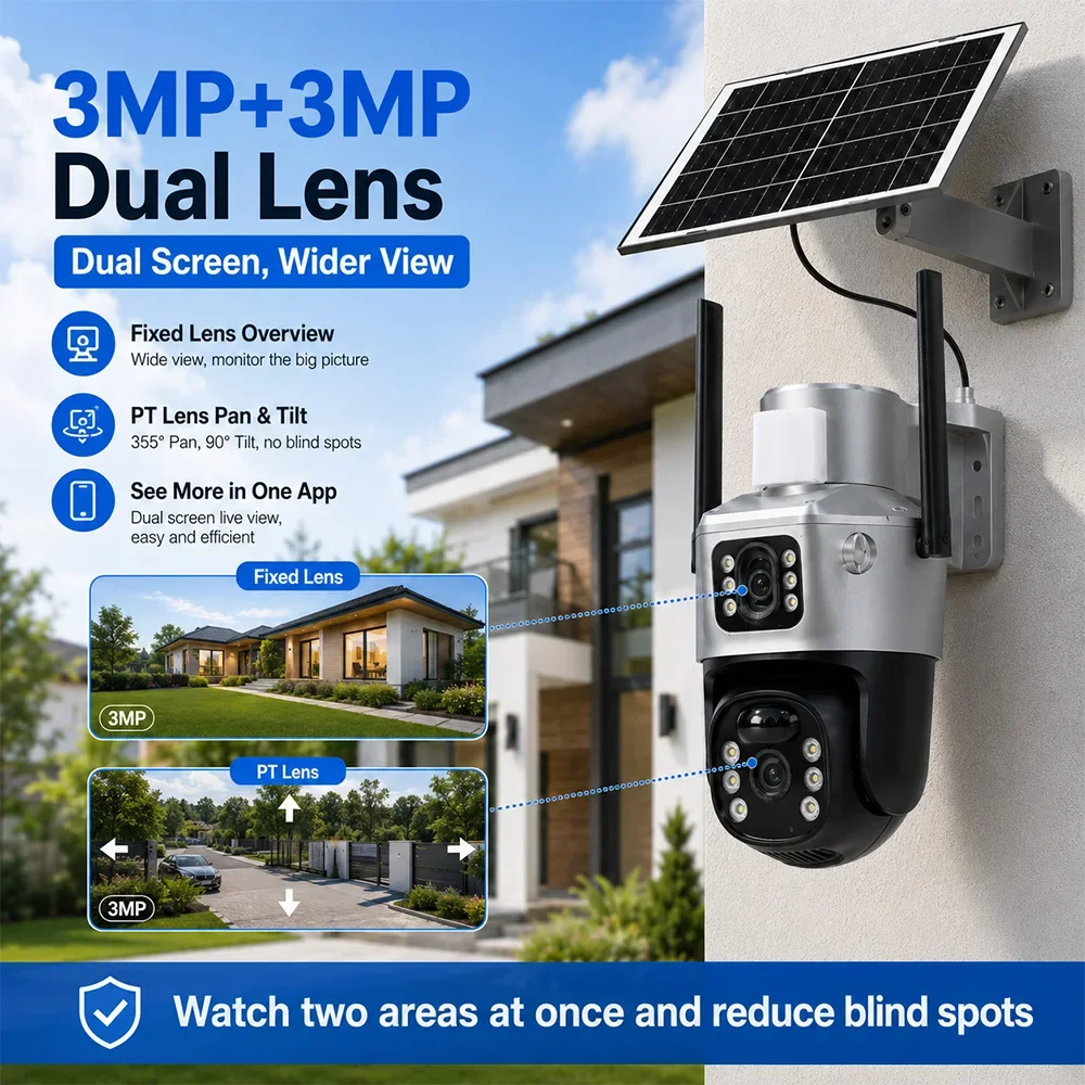 4G Solar Security Camera 3MP+3MP Dual Lens PTZ IP66 Outdoor PIR Motion Detection V380 App No WiFi Wireless CCTV Camera Home Farm