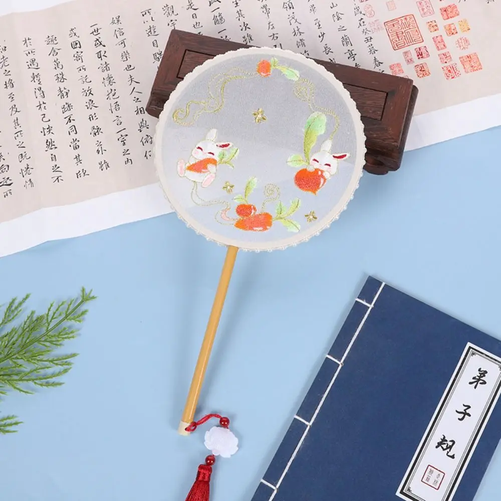 

Chinese Style Classical Round Fan Embroidered Vintage Silk Fan Semi-transparent With Tassel Hand Fan Wedding