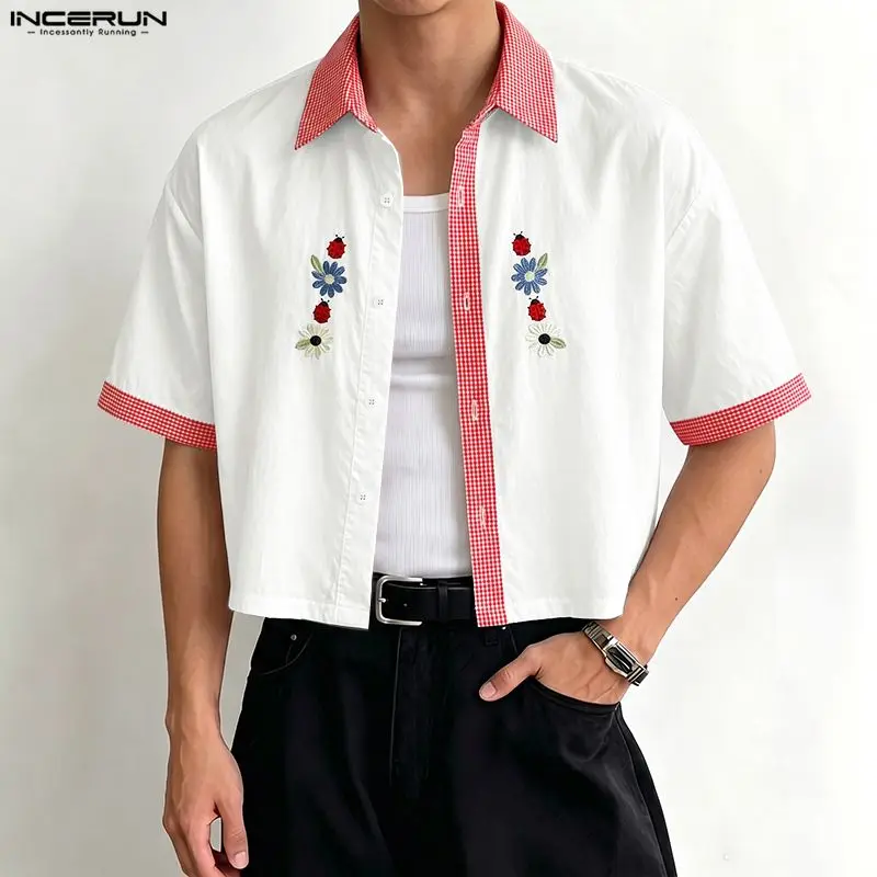 INCERUN Men's Shirt Plaid Embroidery Patchwork Lapel Short Sleeve Men Clothes Summer Vacation Loose Fashion Casual Crop Tops