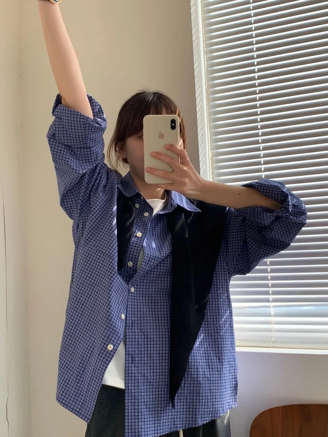 

Blue Plaid Loose Casual Women's Shirt Korean Style Fashion Single Item Spring 2026 Polyester Fiber Long Sleeve Regular Length