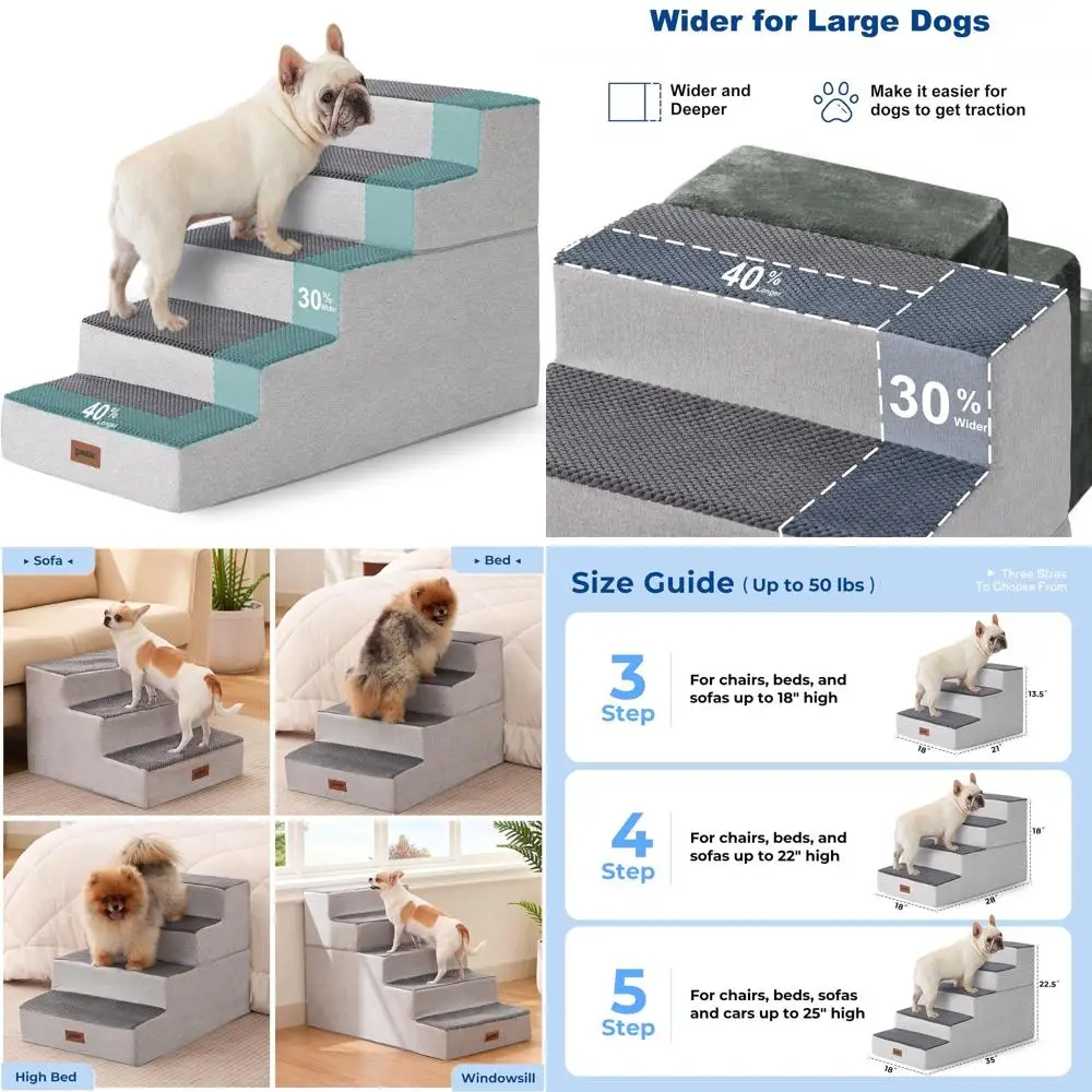 

2-in-1 Wide Pet Steps with Zippered Foam for Large Dogs - Non-Slip, 5-Step Grey Stairs for High Beds