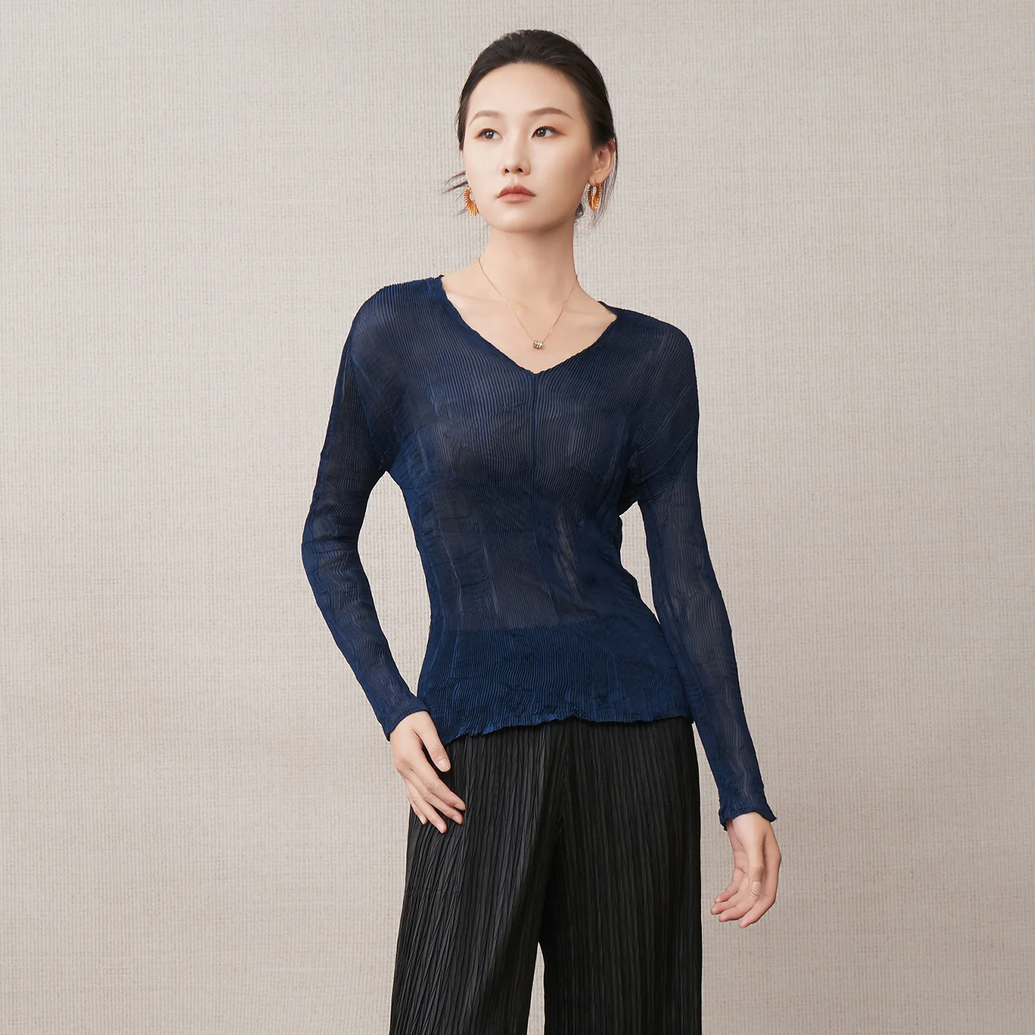 

Miyake Folds 2025 New Hundred with V-neck Slim Thin Section Long-sleeved Bottoming Shirt Female Inside Light Luxury Top T-shirt