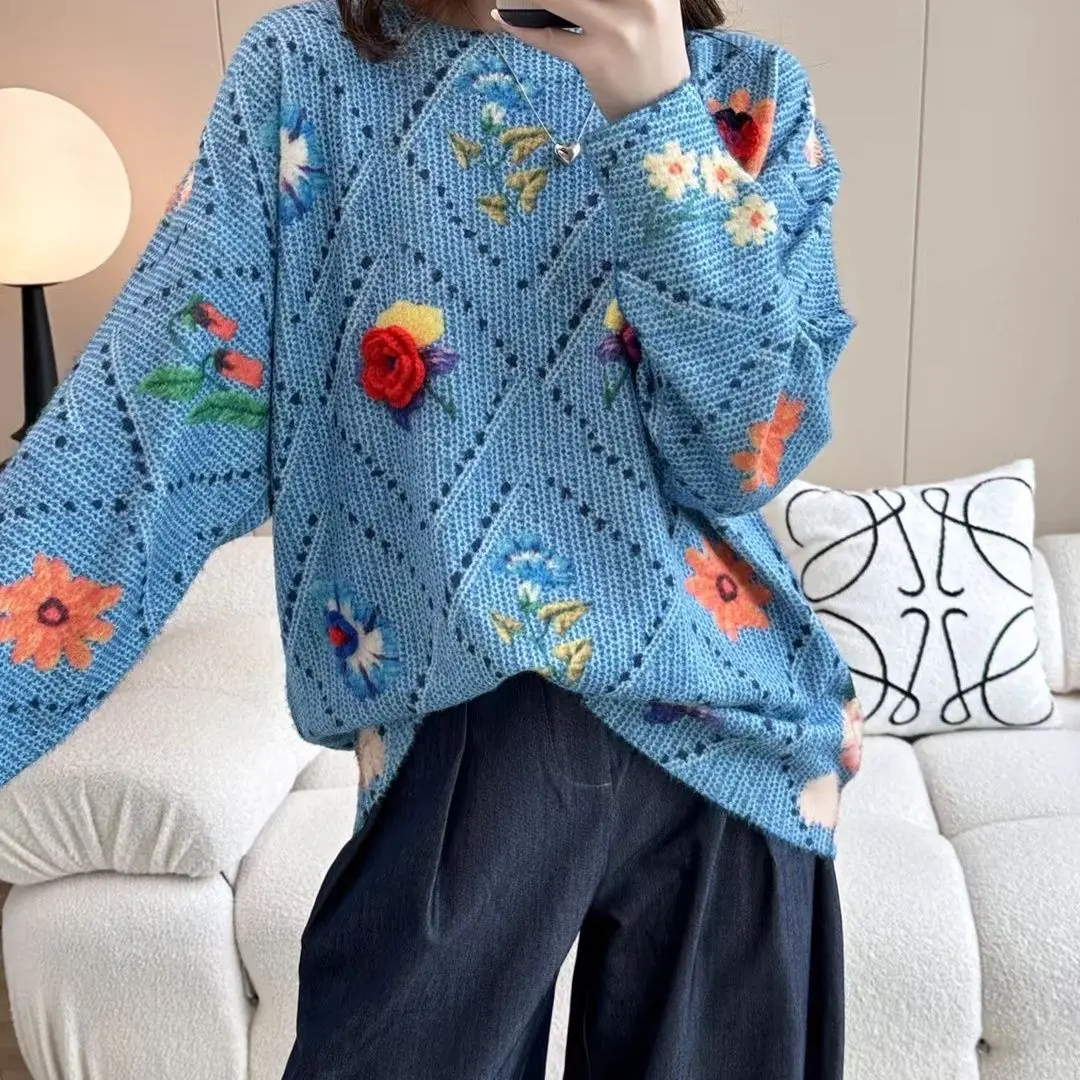 National Style Woman Handmade Crocheted 3D Flowers Hollow Sweater Coat Loose Hooked Plaids Floral Embroidery Knit Cardigan Tops