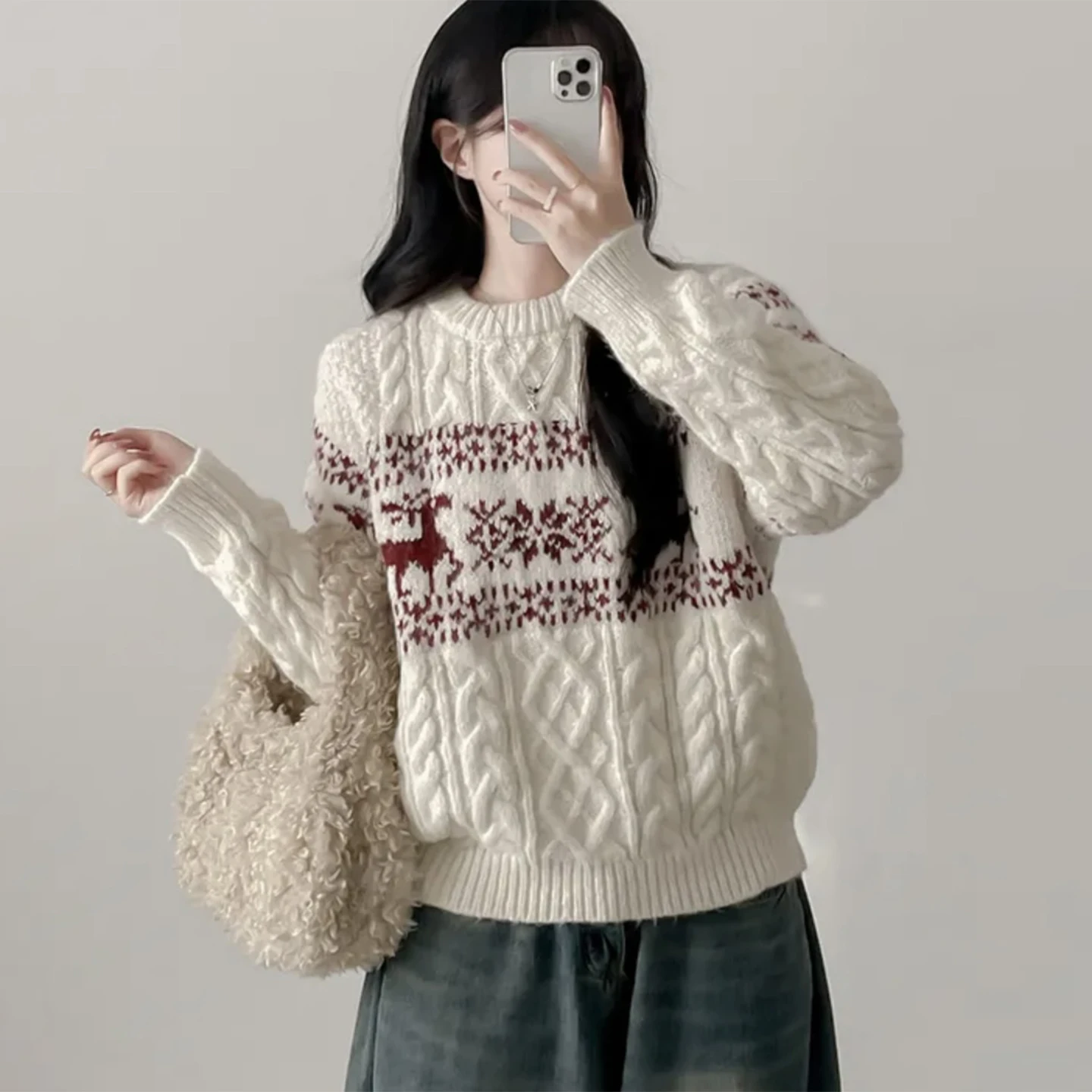 Cisas 鹿柄ニットセーター レディース ラウンドネック プルオーバー ソフトで心地よい 秋冬 ファッション スリム ヴィンテージ スタイル