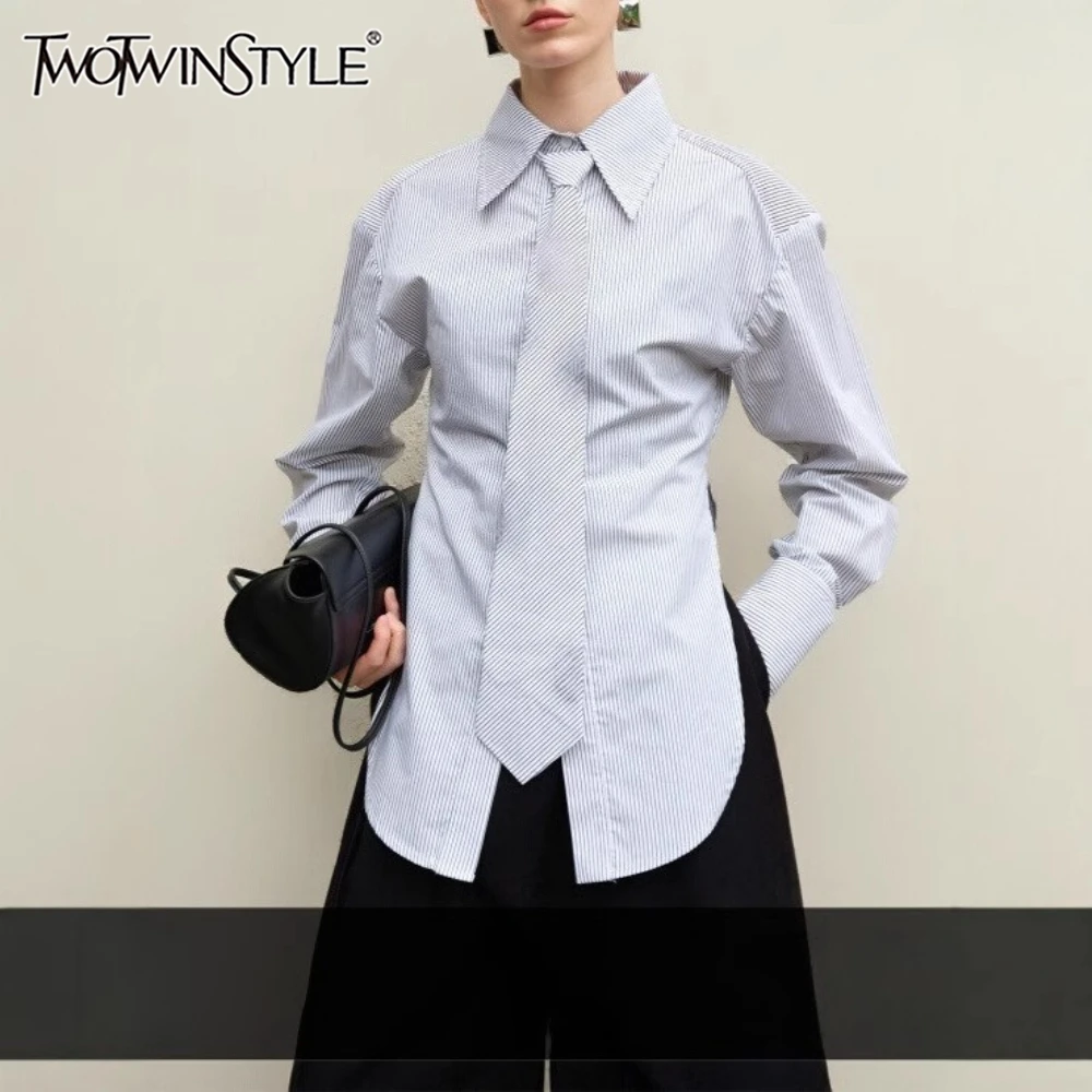 

TWOTWINSTYLE Blue Spliced Striped Chic Shirt Female Lapel Long Sleeve Loose Minimalist Office Women's Shirts Autumn Fashion New