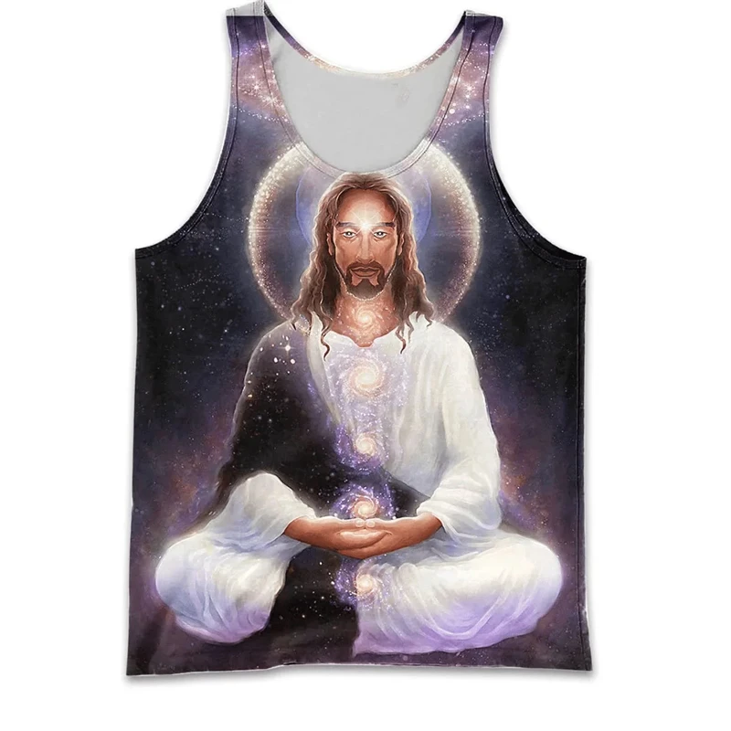 Retro Casual Tank Top For Men Summer Fashion Sleeveless Jesus 3D Printed Vest Casual Oversized Quick Dry Breathable Sports Tees
