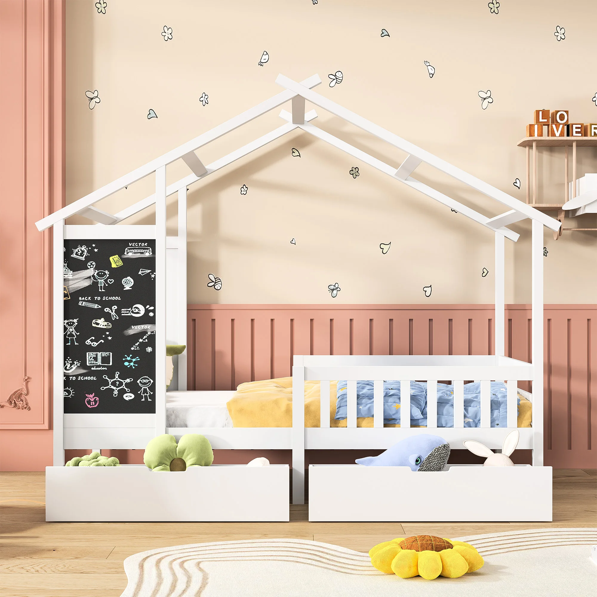 Children's Bed House Bed 90 x 200 cm, Wooden Bed with Board and 2 Drawers, Solid Wood with Fence and Slatted Frame