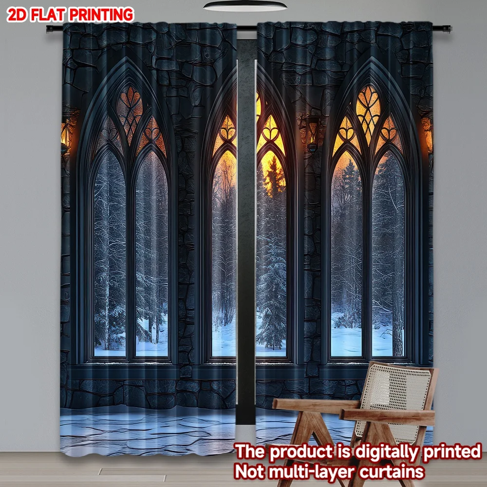 2D flat printing 2pcs Party Window Curtains Gothic Windows Snowy Sunset Digital Printed Polyester Drapes Birthday Party for