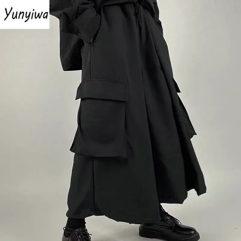 Casual Pants Women Wide-leg Loose BF Streetwear Leisure Harajuku Yamamoto-yoji Black Pockets Unisex Womens Large Swing Fashion