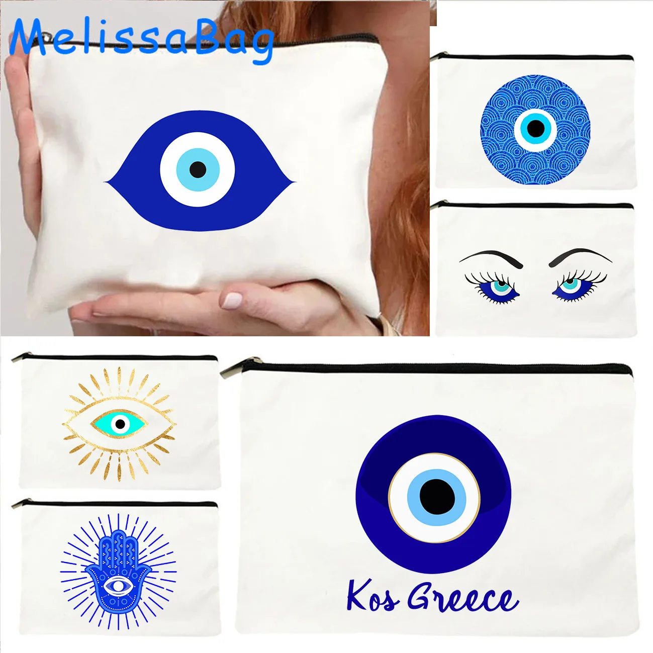 

Greek Turkish Colorful Nazar Blue Evil Eye Hamsa Hand Girl Amulet GREECE Canvas Bag Cosmetic Makeup Bag Pencil Case Zipper Pouch