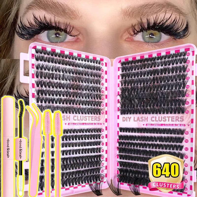 640個入りプロ用DIYまつげエクステキット（グルー、ピンセット、ブラシ付き）- 極厚ふわふわナチュラルボリューム、9-16mmの長さ