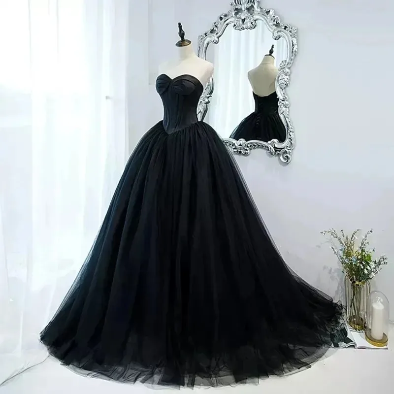 Gothic Black Tulle Prom Dresses Princess Sweetheart Satin Women Formal Evening Gowns Exposed Boning Night Party Dress Customized