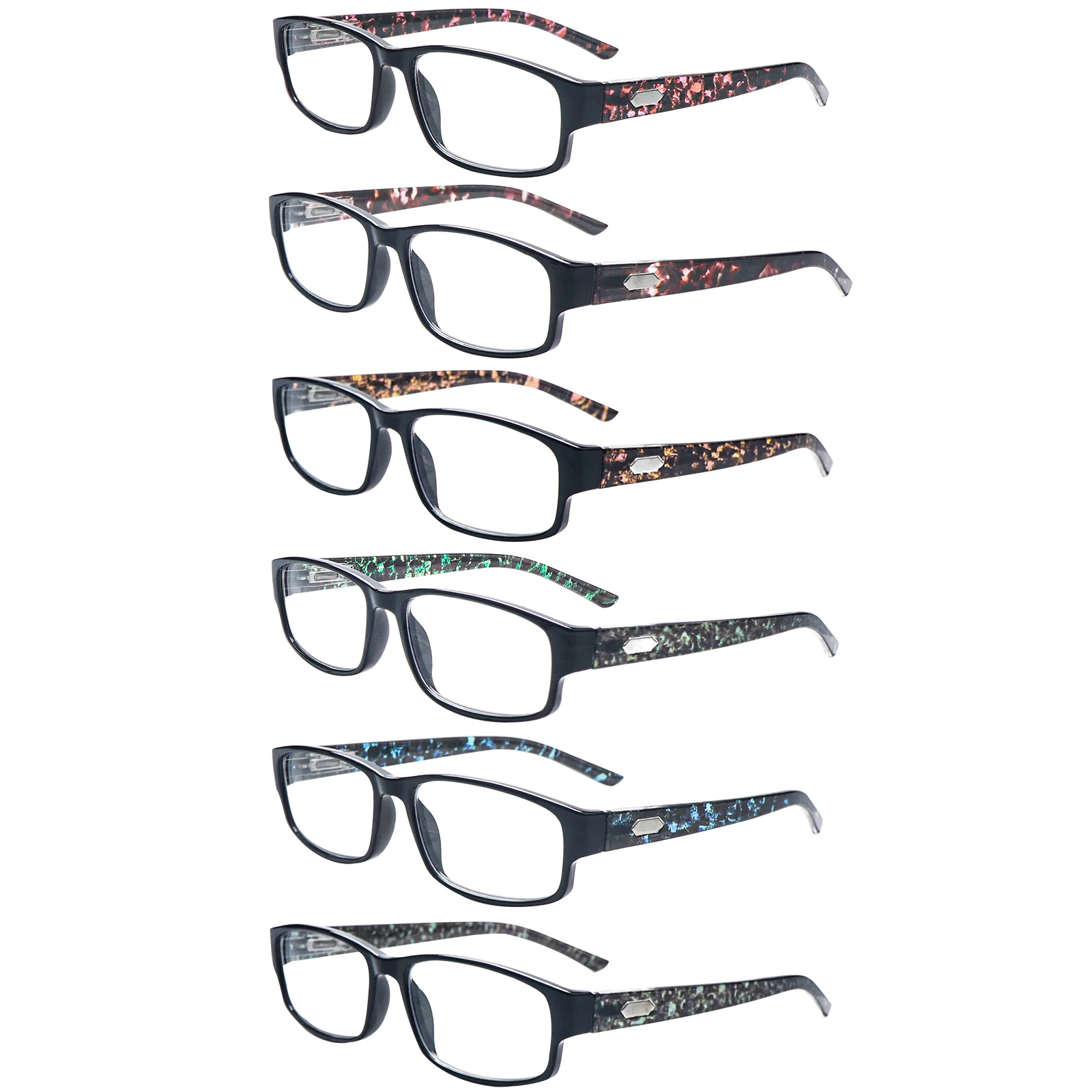 6 Pack Reading Glasses Blue Light Blocking Spring Hinge Rectangular Frame Glitter Temple Presbyopic Eyewear for Men Women