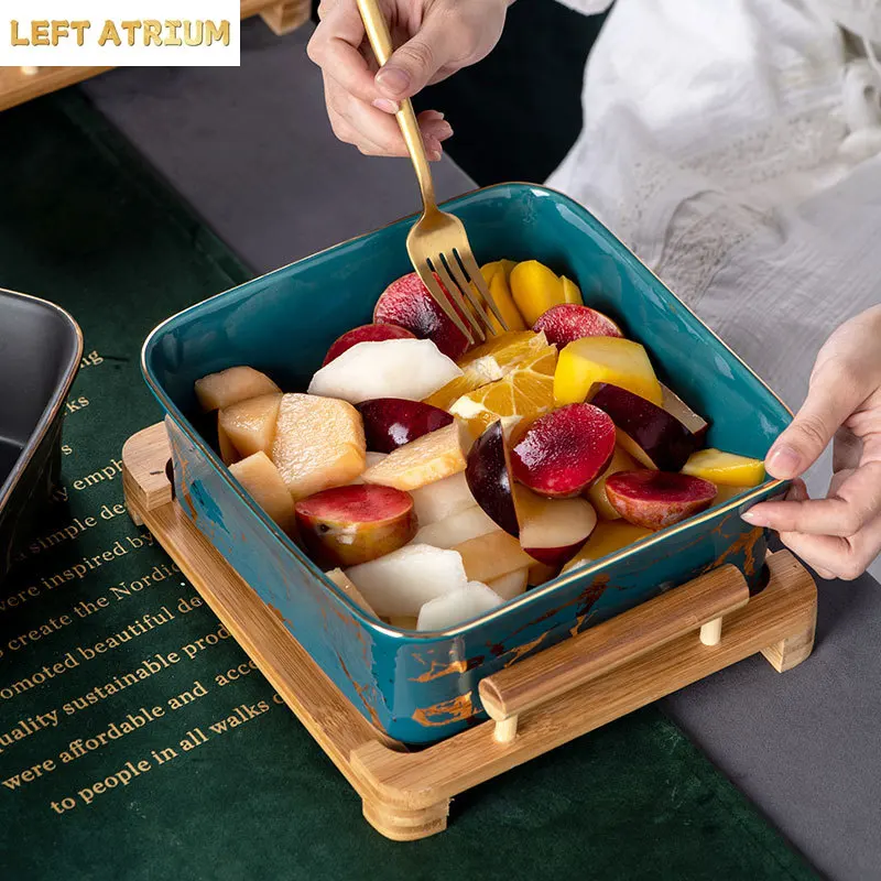 Nordic Simple Marble Golden Pattern Peacock Green Square Fruit Bowl Versatile Ceramic Salad Square Bowl with Wooden Bracket