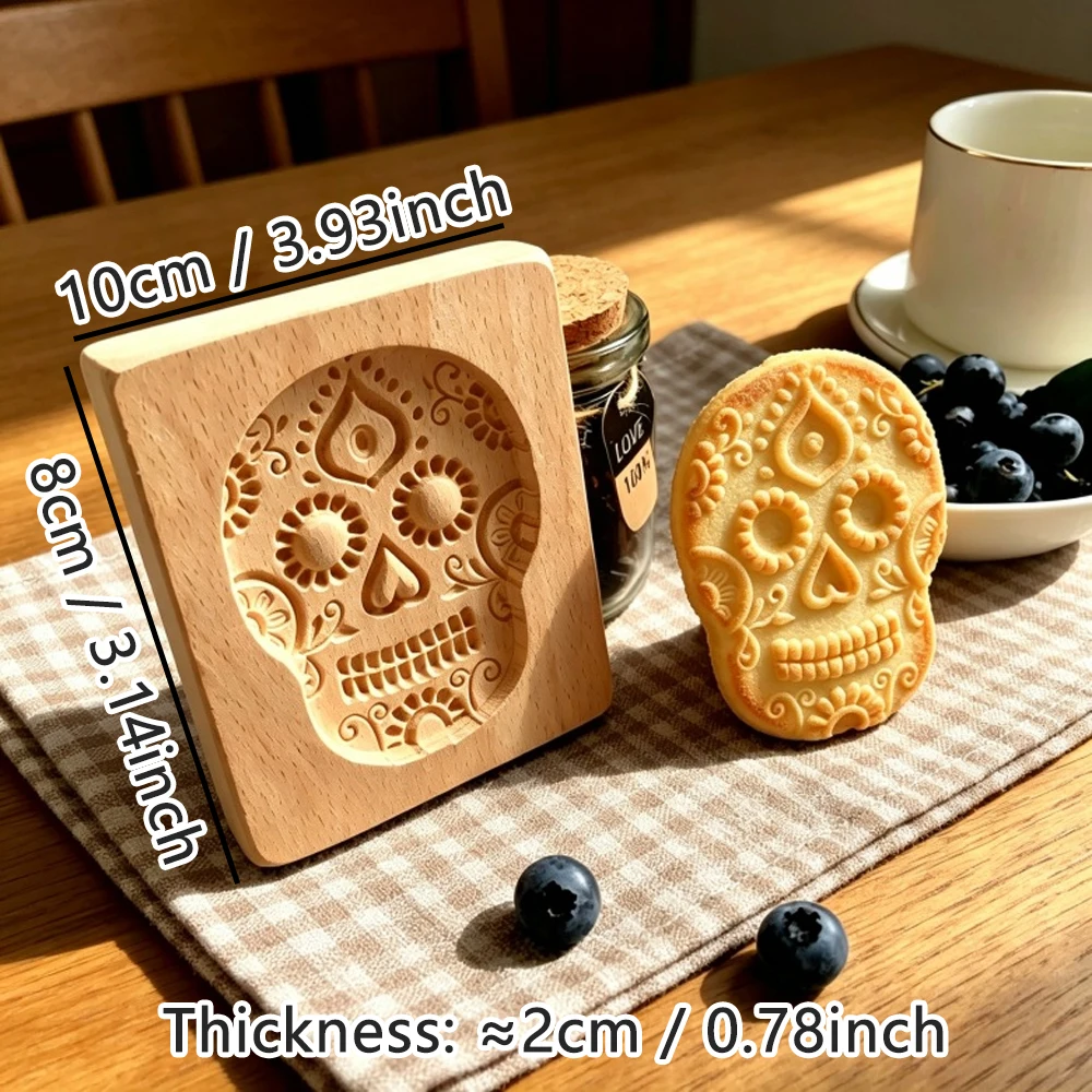 Holz-Kekspresse zum Backen, 3D-geschnitzter Lebkuchenstempel aus Buchenholz, Halloween-Kürbis-Geist-Prägeform für Kekse – Detail 5