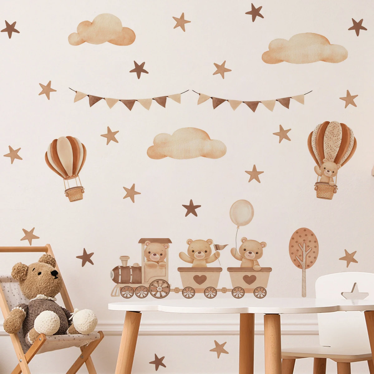Boho Bear Hot Air Balloon Rainbow Stars Cloud Wall Sticker Nursery Child Room Wall Art Decal Kids Room Vinyl Bedroom Home Decor