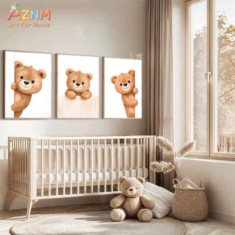 AZNM Cute Cartoon Teddy Bear Frameless Canvas Wall Art, Nursery Decor Prints, Kawaii Bear Painting for Kids Room, Baby Shower Gi