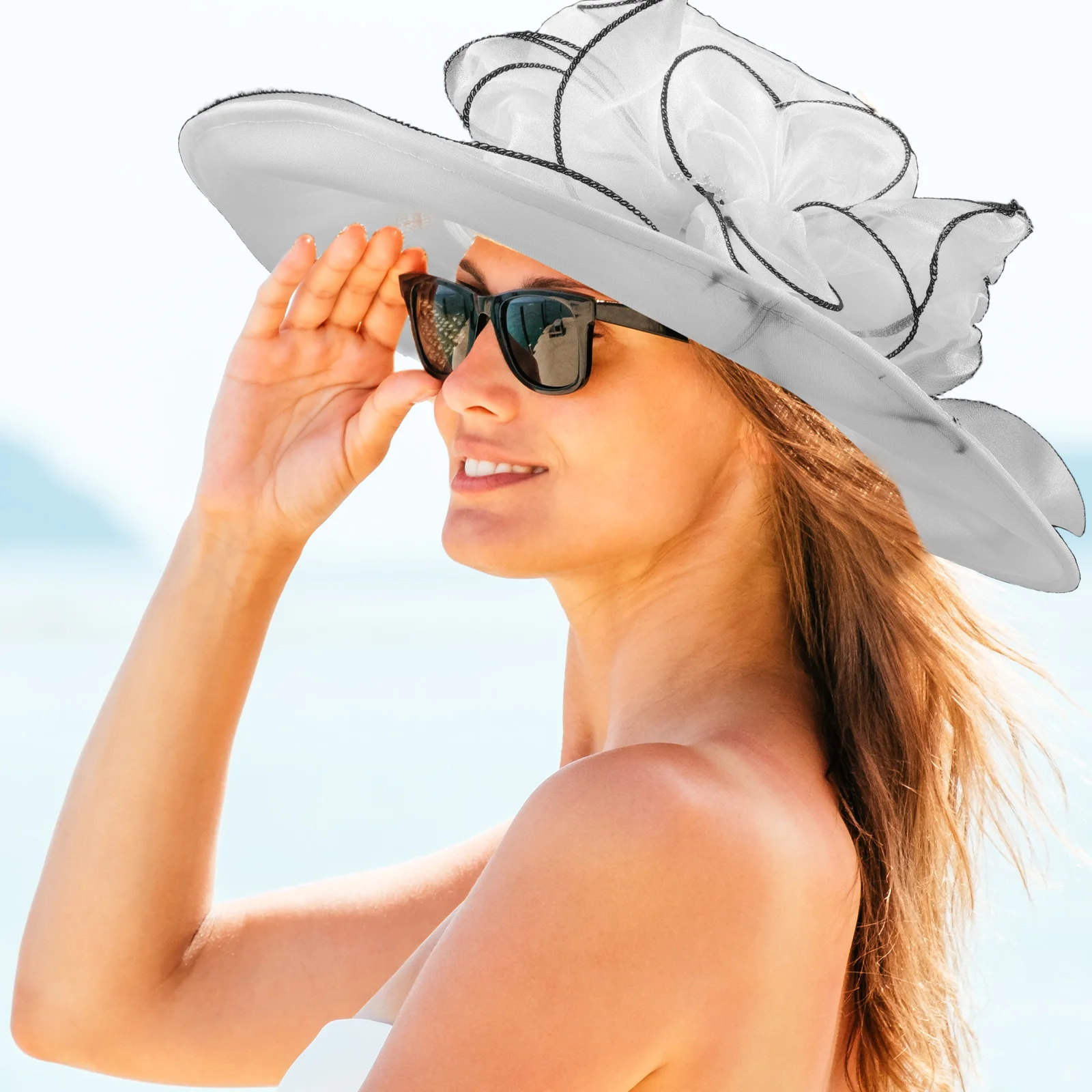 

Adjustable Organza Brim Hat for Women Lightweight Beach Bride Hats Large Size Fits All Outdoor Travel Spring Boho Style Sun