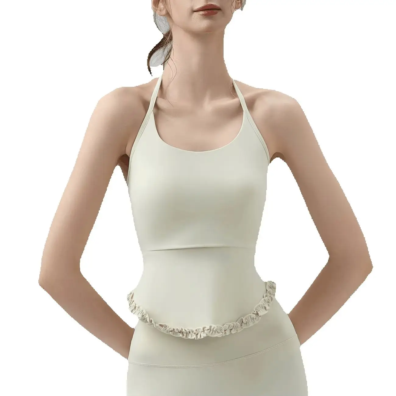 Yoga outfit with chest pad, mesh stitching, lace hem, halter neck, sports fitness top, yoga vest, Pilates camisole