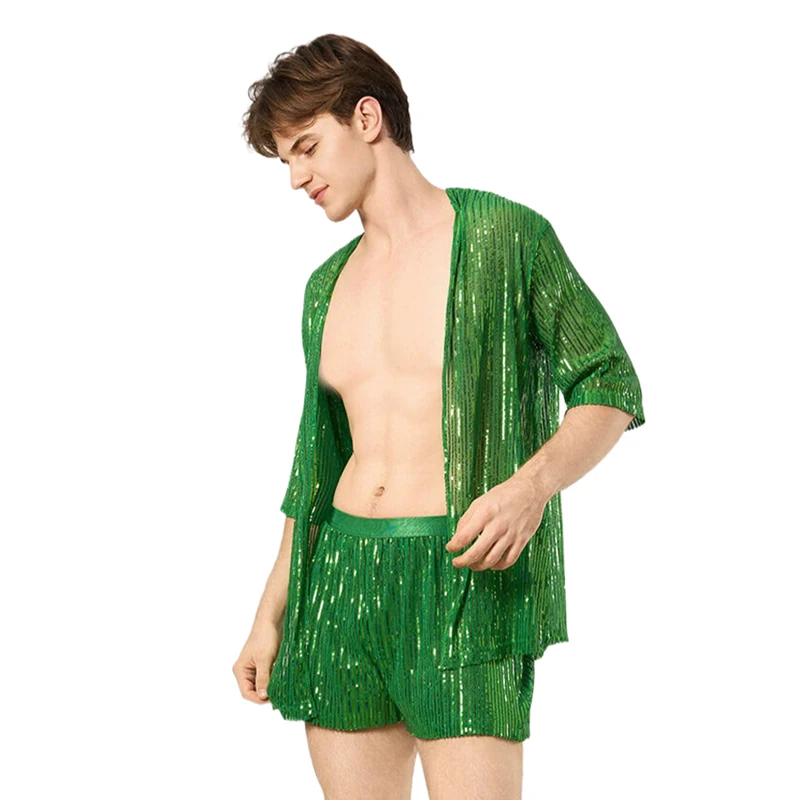 Herrenbekleidung 2-Teiliges Outfit Strickjacke Shorts Herren-Set Glitzernder Lockerer Strandüberzug Nachtclub Festival Rave Party Bühnenkostüm – Detail 2