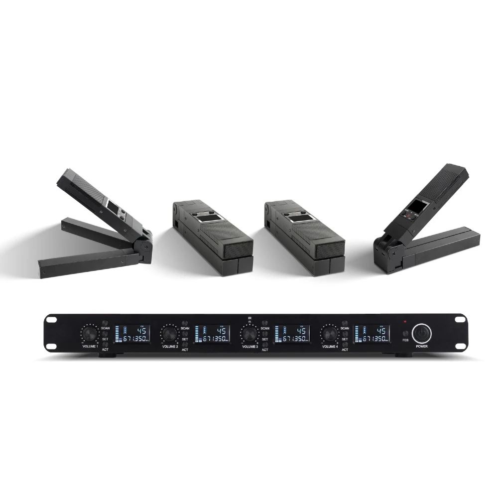 

4 in 1 UHF Wireless Conference Microphone Set Crystal Clear Sound, Ideal for Boardrooms and Large Events
