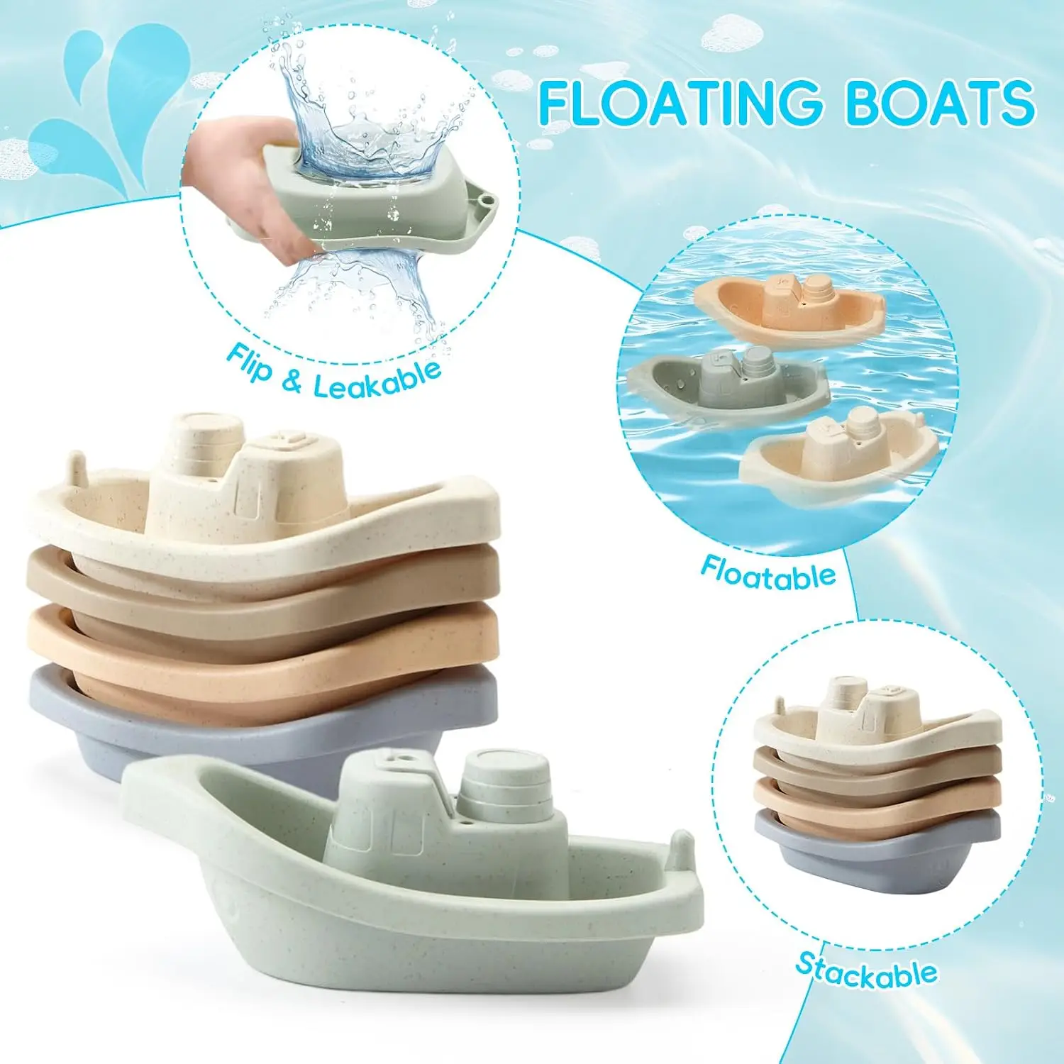Baby Bath Toys Stackable Floating Boats Water Play Set Educational Shower Bathroom Pool Toy for Toddlers Kids