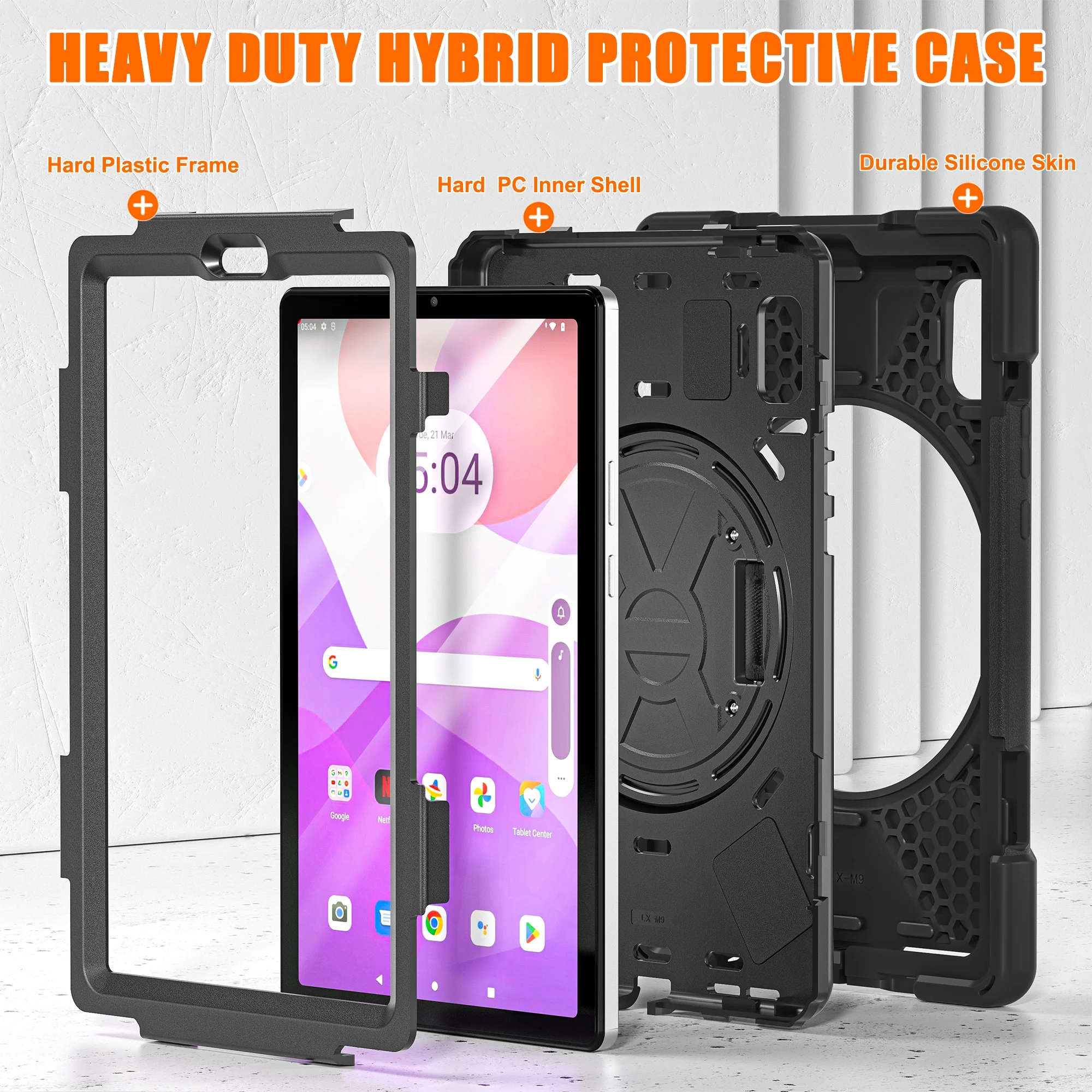 For Lenovo Tab M9 TB-310FU (2023) Tablet Case Kickstand PC+Silicone 360 Degree Rotation Tablet Cover with Hand Strap - Black