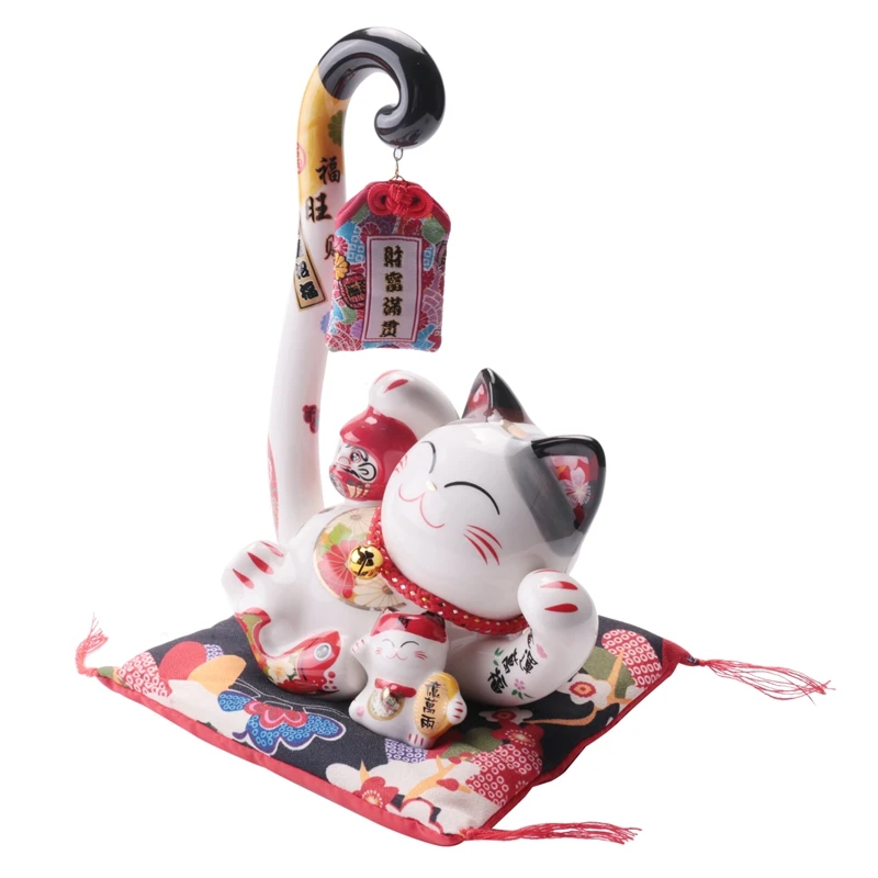 

8.6 Inch Ceramic Maneki Neko Lucky Cat Money Box Coin Bank Japanese Long Tail Fortune Cat Feng Shui Home Decor