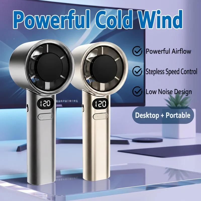 120 Speeds Bladeless Portable Handheld Fan USB Type-C Rechargeable High-Speed Electric Cooling Mini Fan Digital Display Pocket