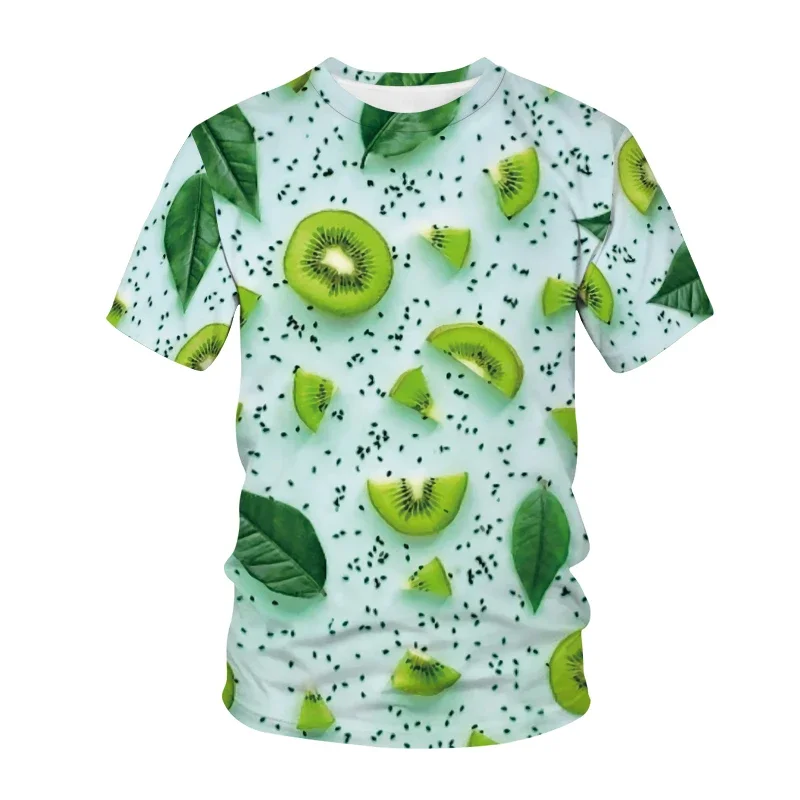 Men's Short-sleeved Round-neck T-shirt, Summer Casual and Fun Style, Featuring 3D Fruit Patterns, Including Kiwi and Strawberry