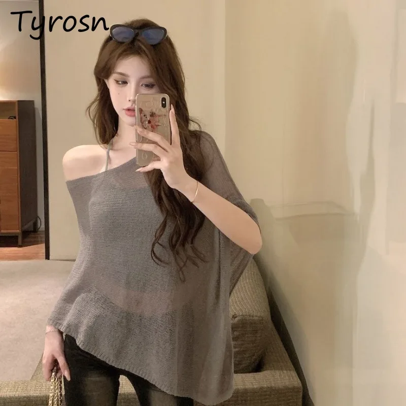 Knitted Pullovers Women Summer Retro Solid Slanted Shoulder Sleeveless Sweaters Loose Irregular Tops Thin Sexy Sun-proof Cozy