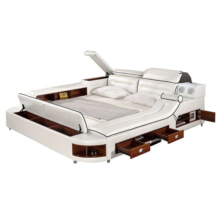 Indoor bedroom furniture leather bed with storage drawers multifunction massage bed with speaker