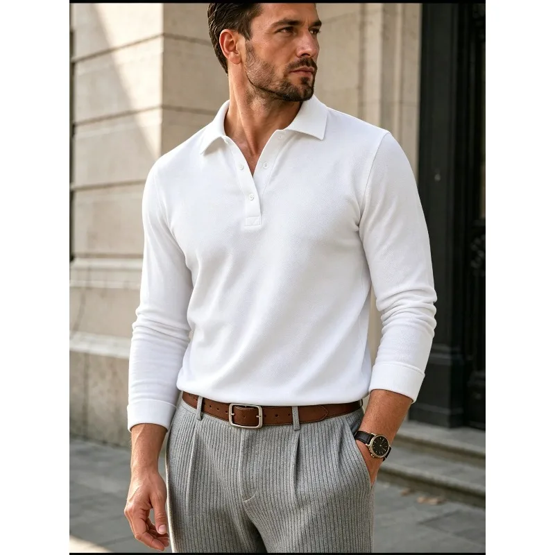 Men White Long Sleeve Solid Polo Shirt Lapel Collar Button Tops Breathable Pique Slim Fit Casual Business Daily Wear for Men