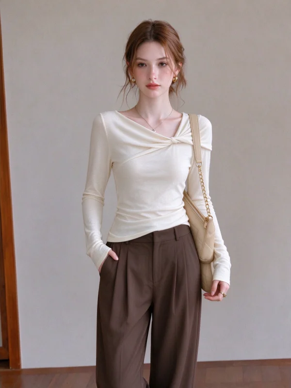 Korean Style Long Sleeve T-Shirt Women's Autumn Light Maturity Unique Knot Design Base Shirt Slim Fit Top Casual Style
