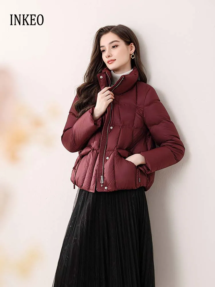 

Уличная женская короткая куртка-пуховик, однотонный, зима 2025, водолазка с карманами, пуховик, теплое, высокое качество, INKEO DJ 536