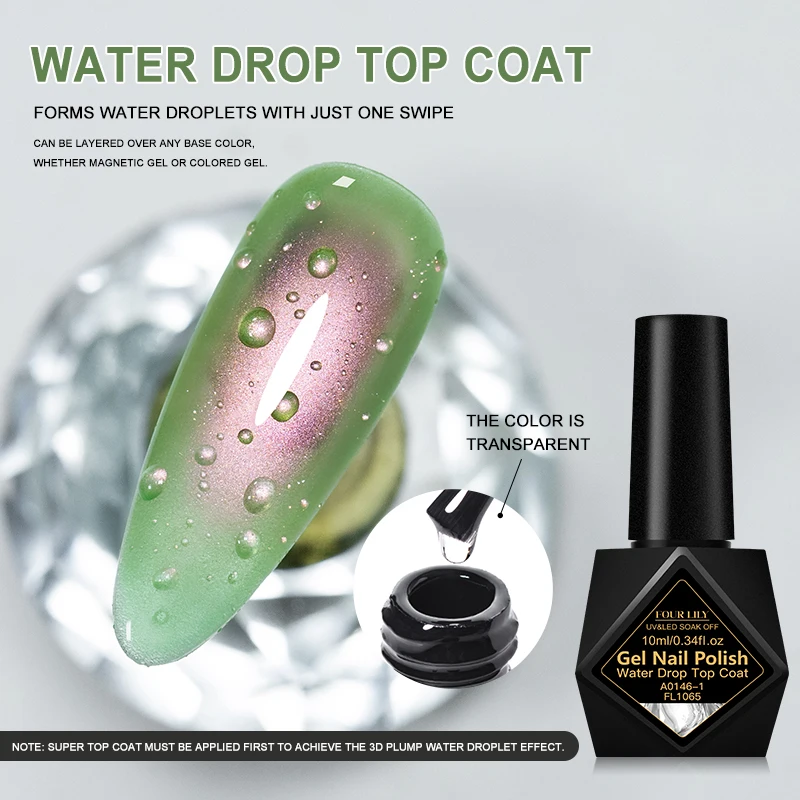10ml Water Drop Top Coat, 3D Plump Water Drop Effect UV Gel Polish, Soak Off LED Nail Art Varnish For Magnetic/Colored Gel Base