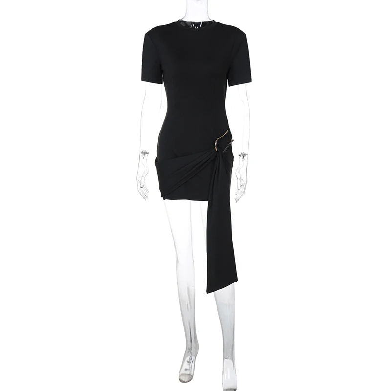 TARUXY Metal Buckle Short Dress For Women Bandage Splice Round Neck Short-sleeved 2025 Spring Fashion Black Casual Dress Female