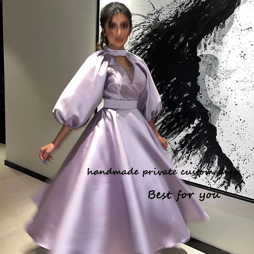 

Saudi Arabia Evening Dresses Halter Pleats Satin Tight Formal Prom Dress Tea Length Dubai Evening Party Gowns