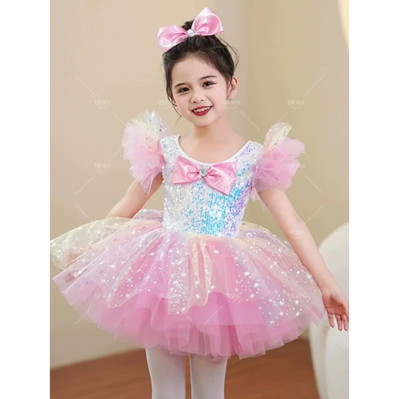 

Girl's Performance Fluffy Pink Dress Dance Dress Christmas New Performance Costume