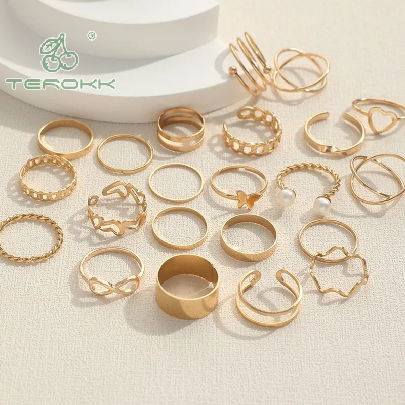 Imitation Pearl Leaf Flower Rings Set For Women Punk Vintage Geometry Finger Ring Metal Knuckle Finger Ring Jewelry Gifts image 5