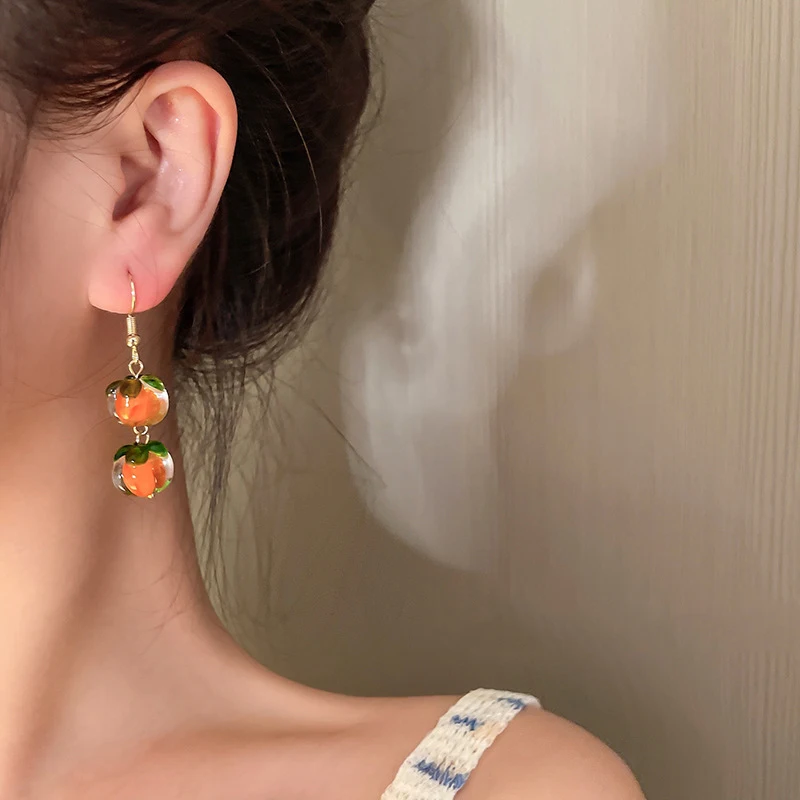 New Sweet Cute Persimmon Dangle Earring For Women Retro Orange Crystal Drop Earrings Chinese Style Girl Creative Jewelry Gifts