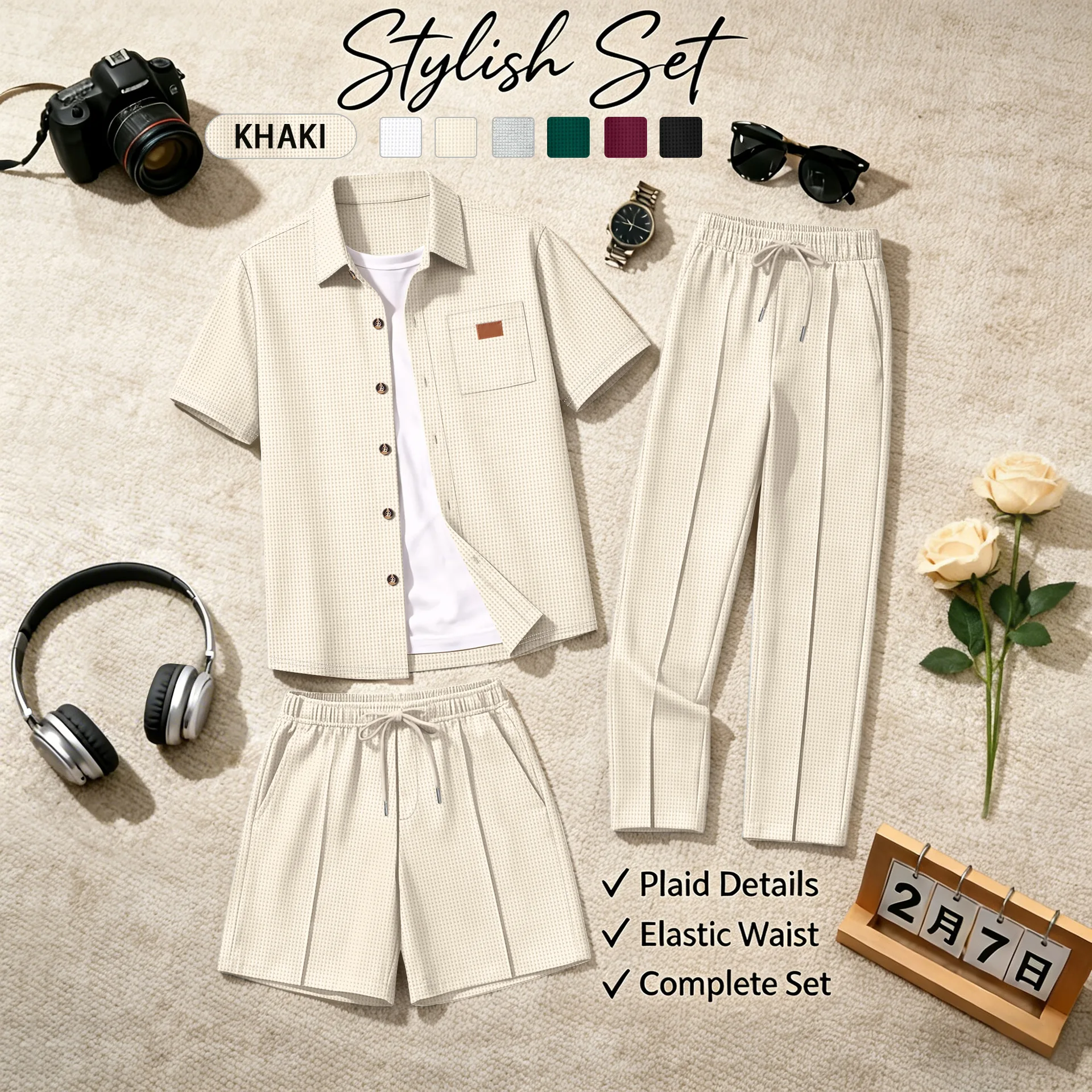 

Men's Spring/Summer Waffle Shirt Set Casual Loose Fit Three-Piece Short Sleeve Shirts with Shorts And Pants