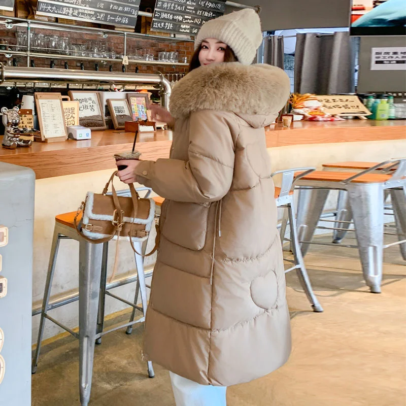 2024 New Fashion Women's Winter Clothing Thickened Hooded Large Hair Collar Long Solid Color Cotton Coat Solid Color Winter Top