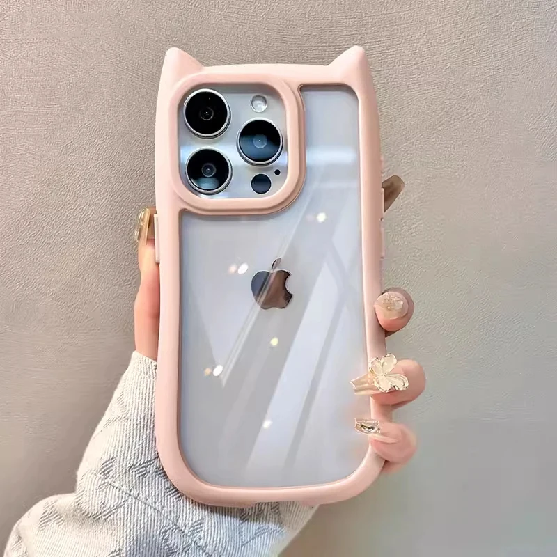 Silikonowe, odporne na wstrząsy etui na telefon Cartoon 3D Cute Cat Ears do iPhone 11 12 13 14 15 16 Pro Max X XR XS Przezroczysta akrylowa osłona