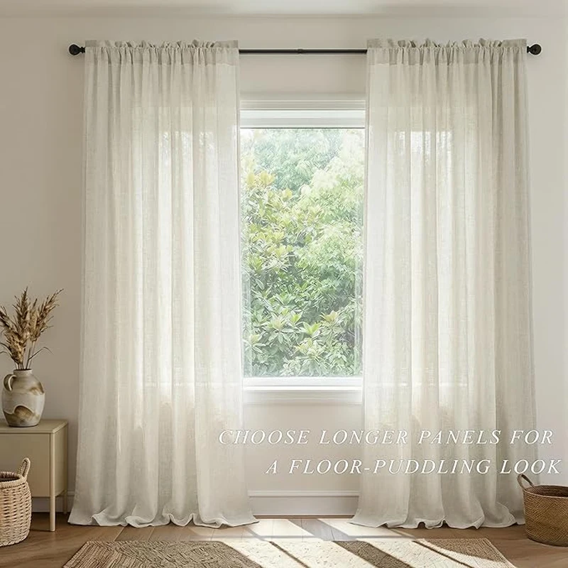 Cortina de Voile Bege com Aparência de Algodão e Linho para Quarto ou Sala de Estar, Cortinas para Janela da Sala de Jantar