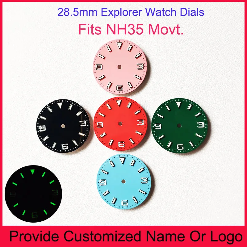 NH35 Explorer 3-6-9 Dials 28.5mm Custom S Logo DIY Logo Watches Smooth Dial Green Luminous Watch Case Replace Accessories Parts