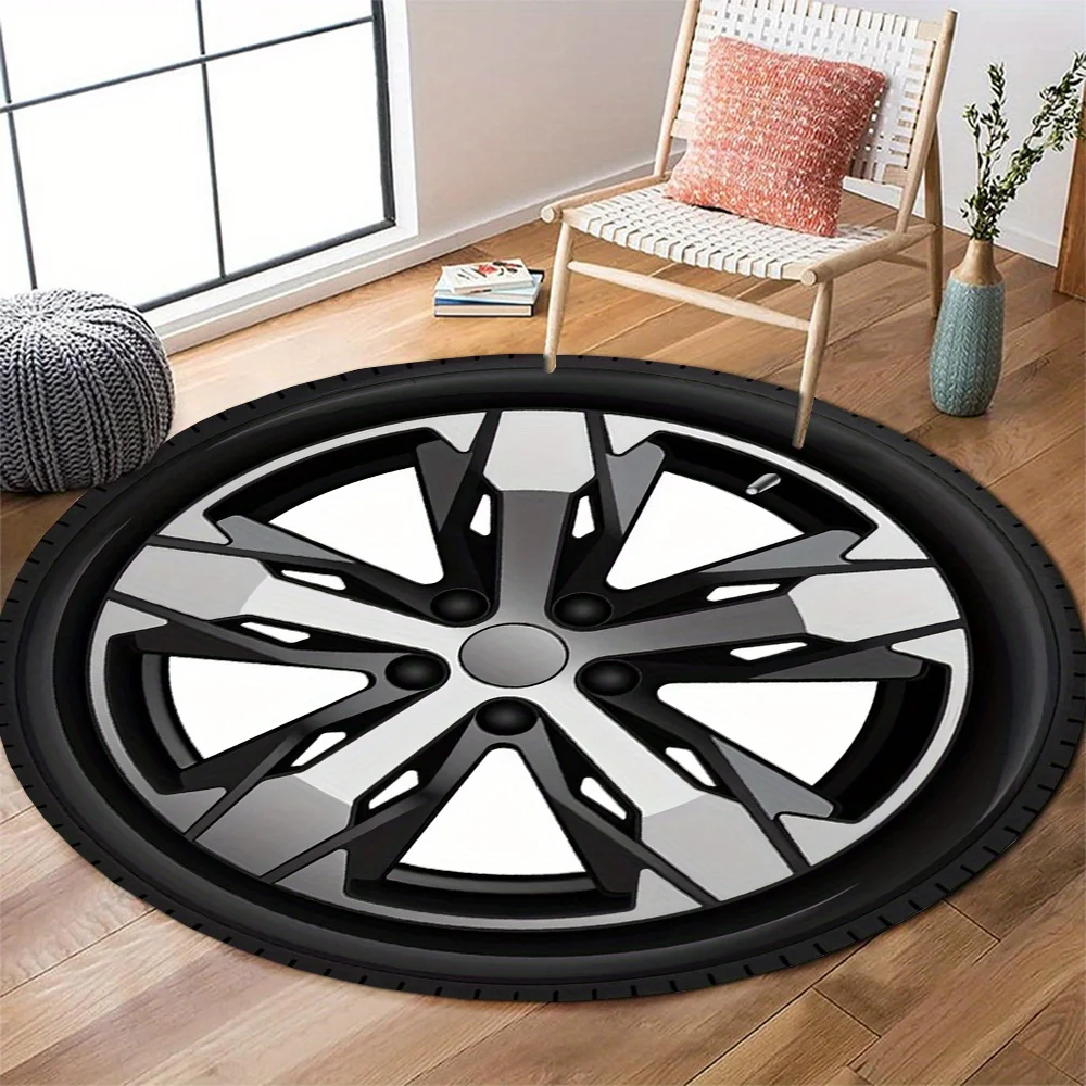 Car Wheel Tire Round Rug Flannel Automotive Themed Garage Decor Vehicle Floor Carpet Man Cave Area Rugs Non Slip Durable